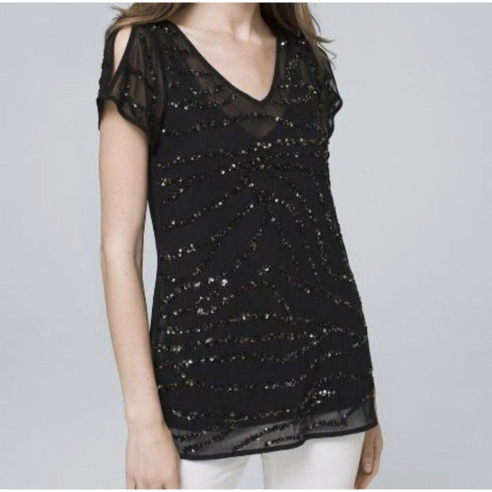 White House Black Market Small Black Embellished Sheer Layering Blouse Fairy Got